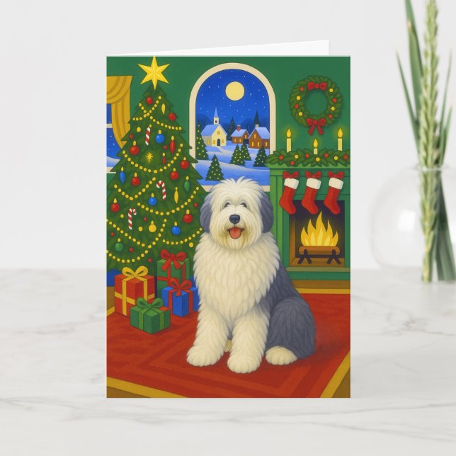 Tarjeta Festiva Old English Sheepdog Holiday Card (Anverso)