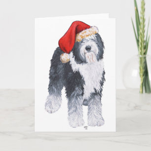 Tarjeta Festiva Old English Sheepdog Sombrero de Santa