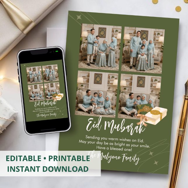 Tarjeta Festiva Olive Green 4 Photo Collage Eid Mubarak Card (Subido por el creador)