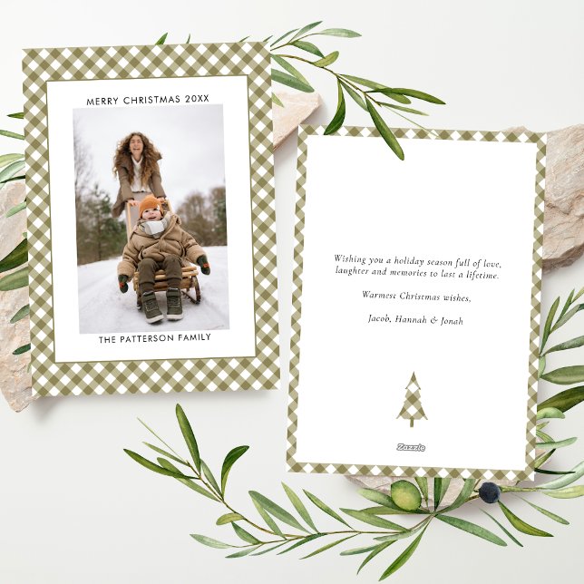 Tarjeta Festiva Olive Green Gingham Plaid Pattern Photo Christmas (Subido por el creador)