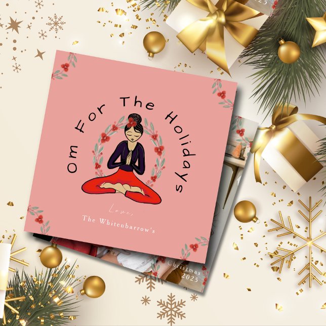 Tarjeta Festiva 'Om For The Holidays' Yoga and Wreath Holiday Card (Fun Yogi Holiday Card with Yoga Girl and Wreath Art, 'Om for the Holidays' Greeting and your Photo!)
