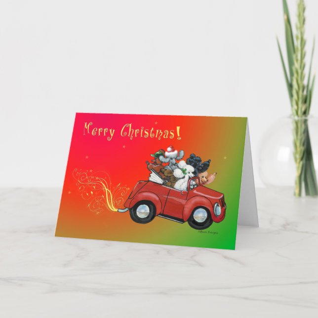 Tarjeta Festiva Óodles de carros retro para Navidades de fideos (Anverso)