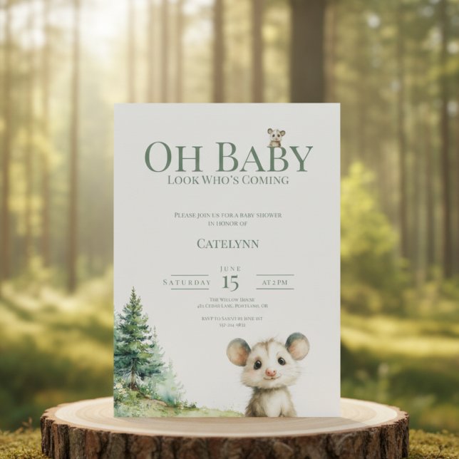 Tarjeta Festiva Opossum Baby Shower Invitation • Oh Baby Forest (watercolor baby shower invitation with opossum and forest trees on a clean white background)