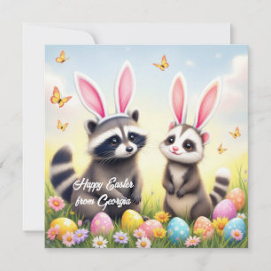 Tarjeta Festiva Opossum y Raccoon con orejas conejitas