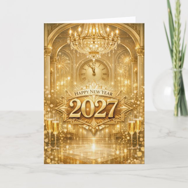 Tarjeta Festiva Opulent Gold Ballroom Happy New Year 2027 (Anverso)