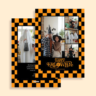 Tarjeta Festiva Orange and Black Checkered 5 Photo Halloween