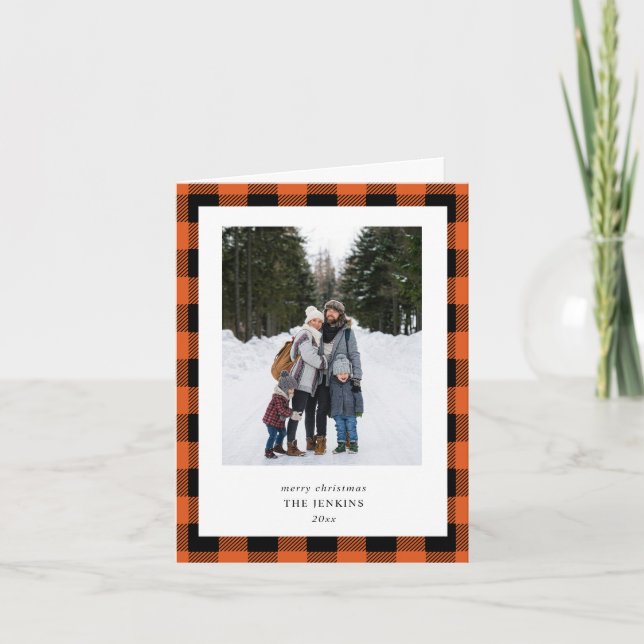 Tarjeta Festiva Orange Black Buffalo Plaid  3 Photo Christmas (Anverso)