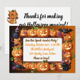 Tarjeta Festiva Orange Pumpkin Frame Black Cat Halloween Party