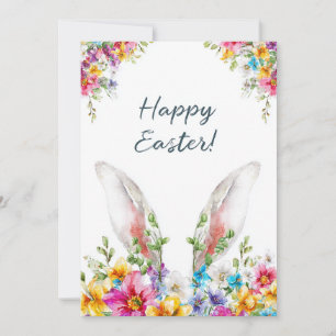 Tarjeta Festiva orejas de conejo de pascua asomando entre flores