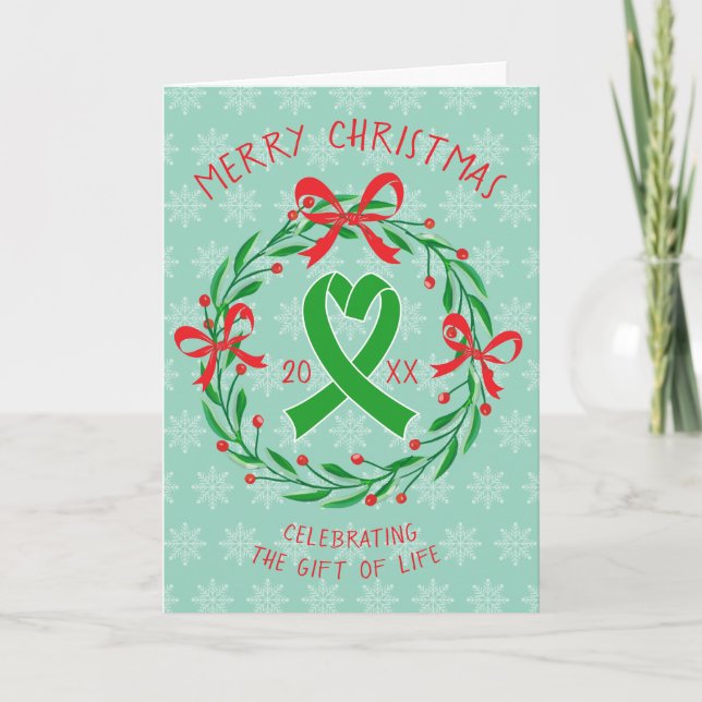 Tarjeta Festiva Organ Transplant Christmas Green Ribbon Folded (Anverso)