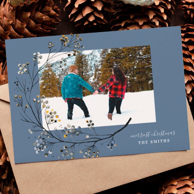 Tarjeta Festiva Organic Winter Natural Blue Merry Christmas Photo (Subido por el creador)