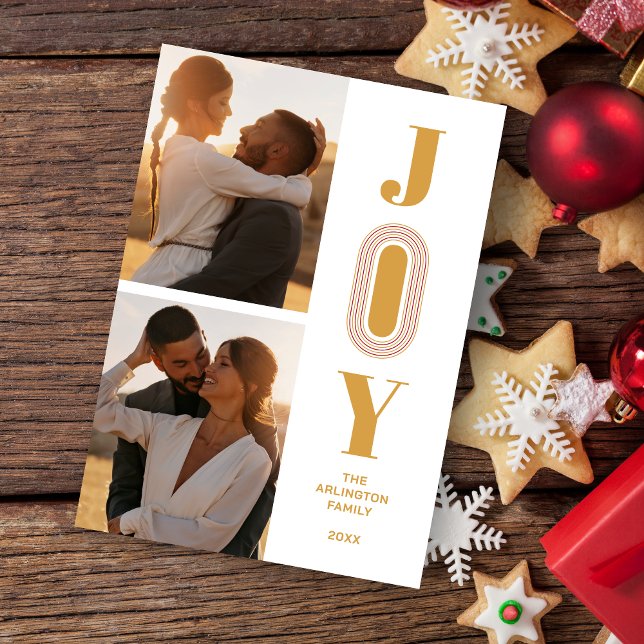 Tarjeta Festiva Original Trend JOY Quote Christmas 2 Photos  (Christmas and Fake Gold Original and Trend Joy Quote 2 Photos Holiday Card with Envelope.)