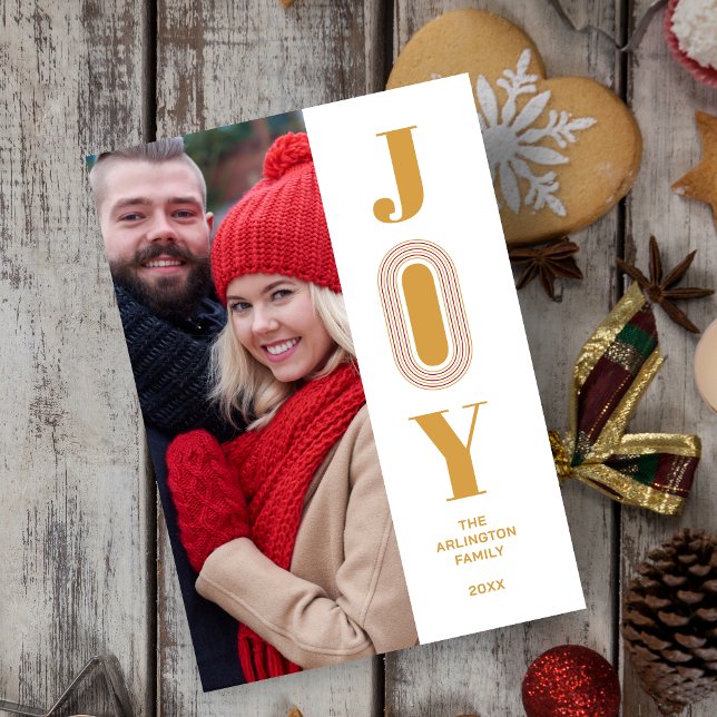 Tarjeta Festiva Original Trend JOY Quote Christmas Gold Photo  (Christmas and Fake Gold Original and Trend Joy Quote Photo Holiday Card with Envelope.)