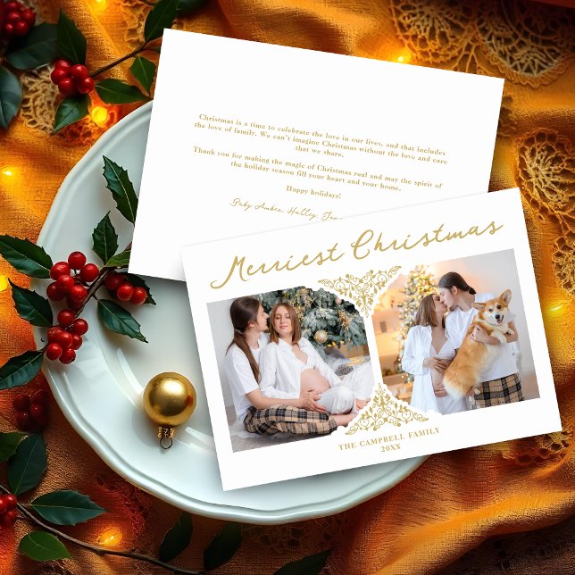 Tarjeta Festiva Ornamento clásico de filigrí de los Navidades de O (Fake Golden Christmas Classic Filigree Ornament 2 Photos Holidays Card with Envelope.)