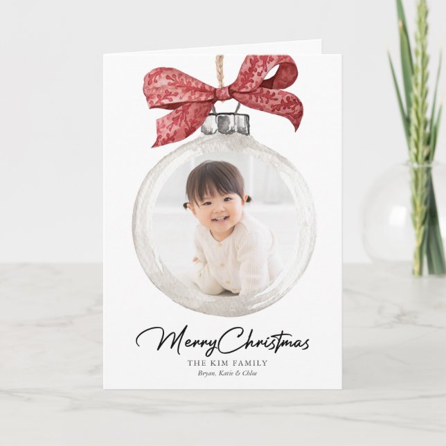Tarjeta Festiva Ornamento con Navidades de Bow Photo (Anverso)