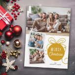 Tarjeta Festiva Ornamento de árbol de oro navideño 3 fotos<br><div class="desc">Envíe sus saludos de vacaciones a la familia y amigos con esta tarjeta de Navidades fotográficos moderna y divertida. El diseño cuenta con un adorable ornamento de árbol de oro con cinta y espacio para 3 fotos...  1 horizontal y 2 cuadradas más pequeñas.</div>