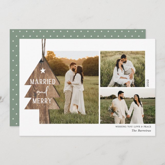 Tarjeta Festiva Ornamento de Madera Rústica recién casado 3 Navida (Anverso / Reverso)