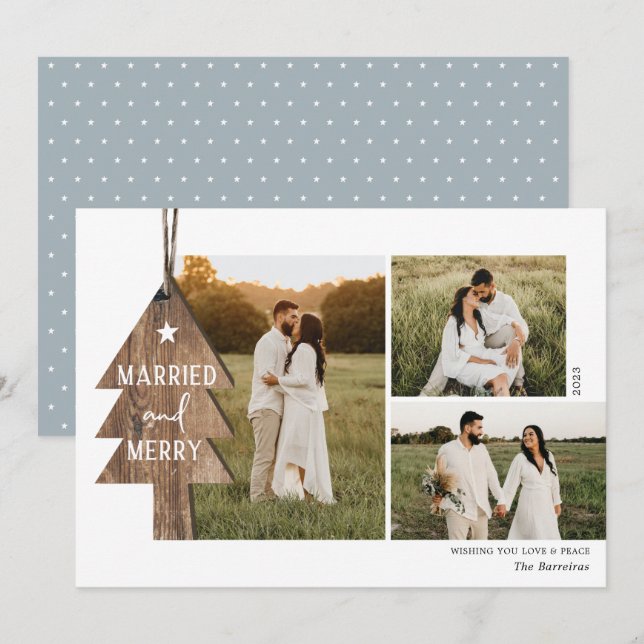 Tarjeta Festiva Ornamento de Madera Rústica recién casado 3 Navida (Anverso / Reverso)