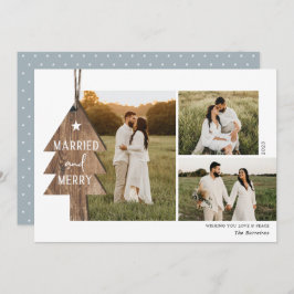 Tarjeta Festiva Ornamento de Madera Rústica recién casado 3 Navida