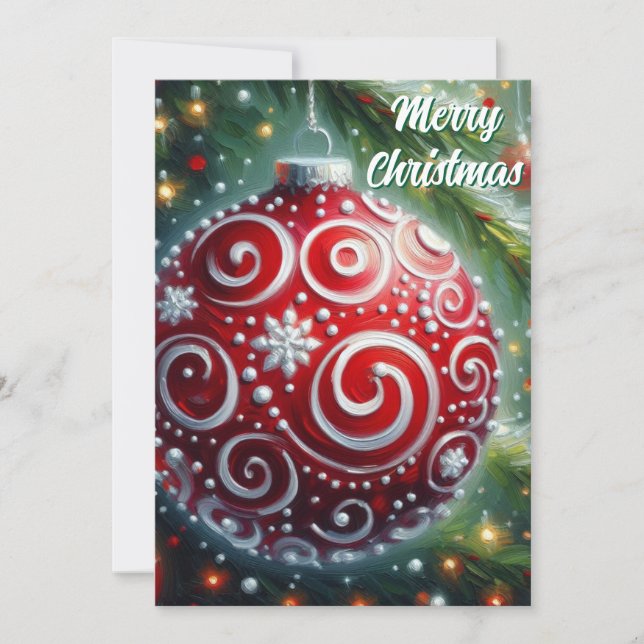 Tarjeta Festiva Ornamento navideño caprichoso Red White Swirls (Anverso)