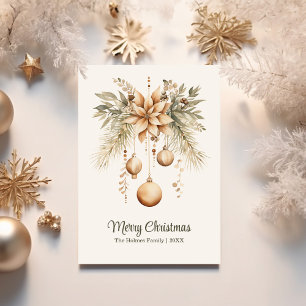 Tarjeta Festiva Ornamento navideño floral de color de agua boho