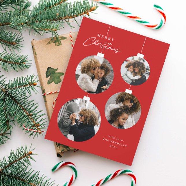 Tarjeta Festiva Ornamento navideño moderno 4 Foto (Modern Red and White Christmas Ornament 4 Photo Collage Holiday Cards.)