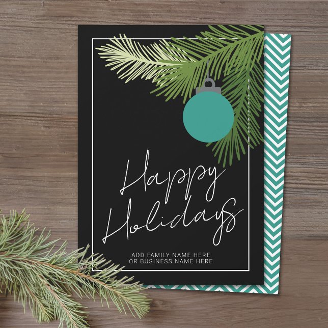 Tarjeta Festiva Ornamento navideño moderno - Aqua negro no foto (Office Holiday Card - Modern Script Design with Simple Ornament and your logo)
