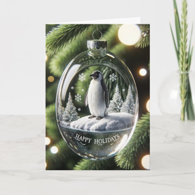 Tarjeta Festiva Ornamento navideño pingüino de vidrio (Anverso)