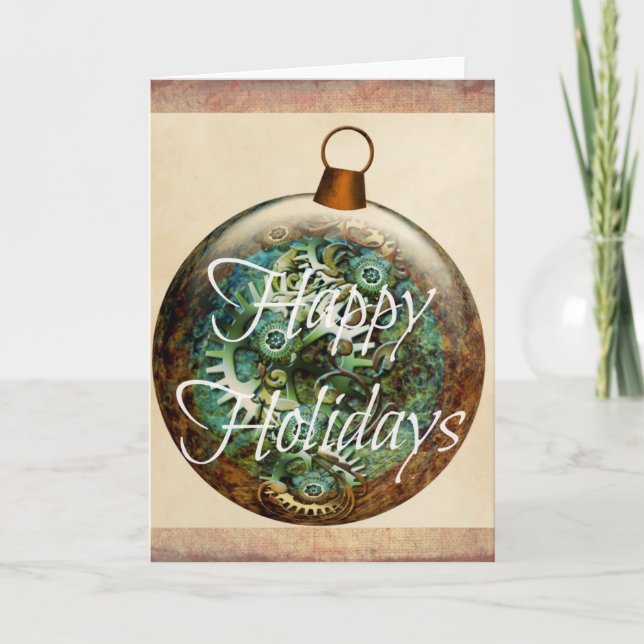 Tarjeta Festiva Ornamento navideño Steampunk (Anverso)
