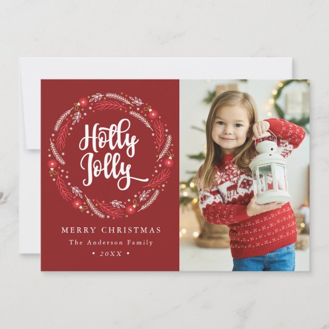 Tarjeta Festiva Ornamento navideño Wreath Holly Jolly Foto (Anverso)
