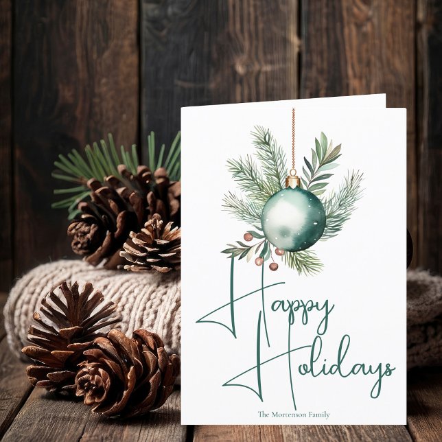 Tarjeta Festiva Ornamento verde Trendy Happy Holidays Script (Subido por el creador)