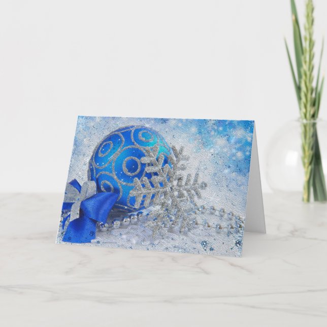 Tarjeta Festiva Ornamentos azul plateado (Anverso)