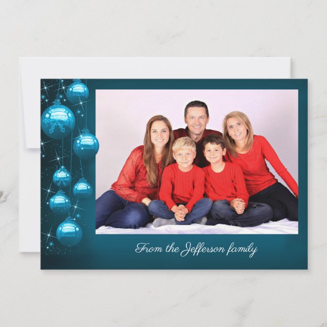 Tarjeta Festiva Ornamentos azules con foto y mensaje personal (Anverso)
