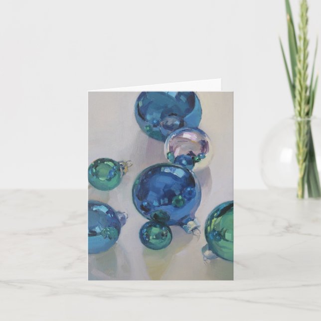 Tarjeta Festiva Ornamentos azules, verdes, y de plata (Anverso)