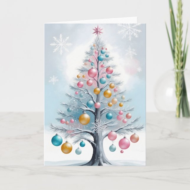 Tarjeta Festiva Ornamentos brillantes del árbol de pino Minimalist (Anverso)