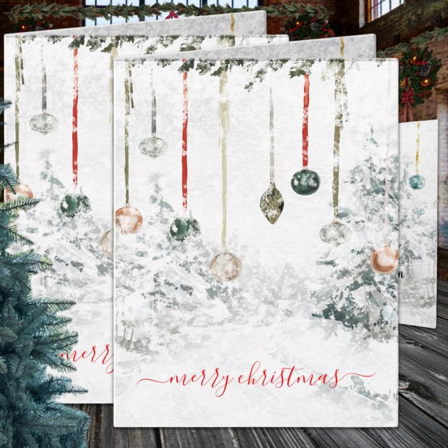 Tarjeta Festiva Ornamentos colgantes Escena de invierno Feliz Navi (Hanging Ornaments Snowy Winter Scene Wraparound Graphics Folded Christmas Holiday Card in two sizes)