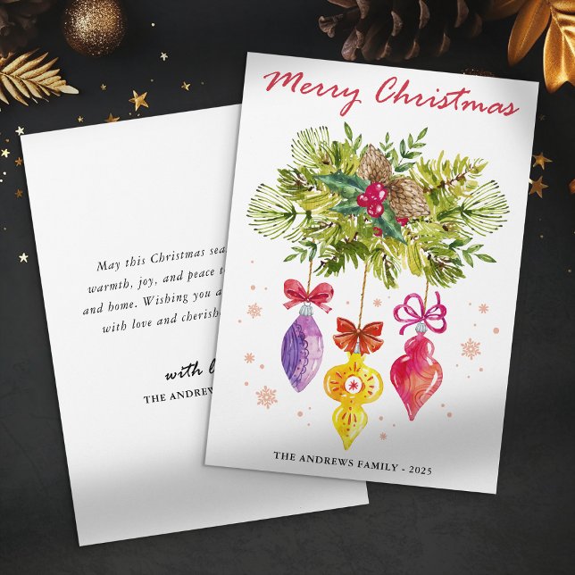 Tarjeta Festiva Ornamentos coloridos acuarela Sin Navidades fotogr (Subido por el creador)