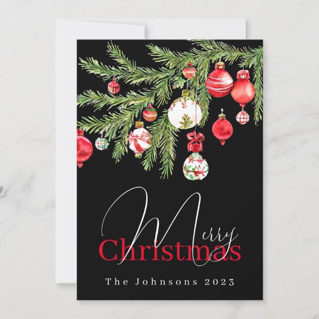 Tarjeta Festiva Ornamentos de árbol con nombre y año (Anverso)