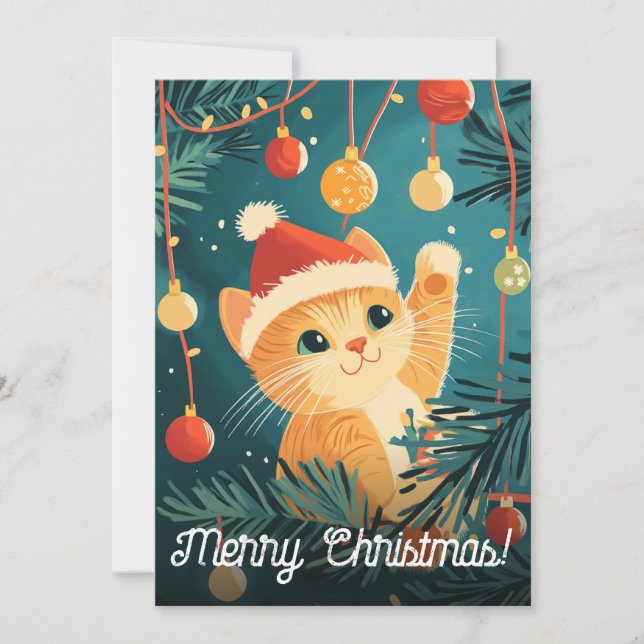 Tarjeta Festiva Ornamentos de árbol de gato de Navidades juguetone (Anverso)