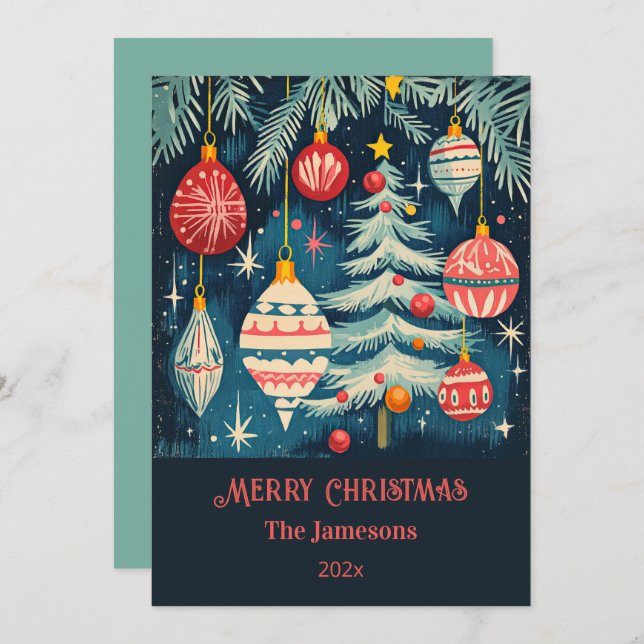 Tarjeta Festiva Ornamentos de árboles navideños divertidos retro (Anverso / Reverso)