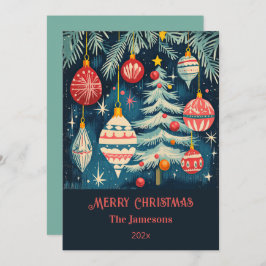 Tarjeta Festiva Ornamentos de árboles navideños divertidos retro
