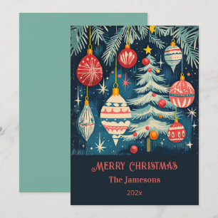 Tarjeta Festiva Ornamentos de árboles navideños divertidos retro