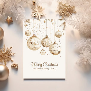 Tarjeta Festiva Ornamentos de bolas doradas y blancas de árbol de