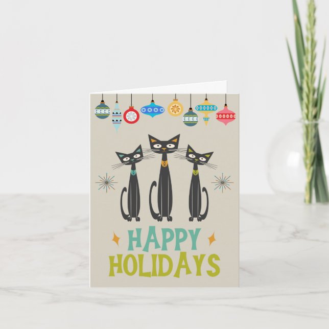 Tarjeta Festiva Ornamentos de gatos negros retro Navidades de medi (Anverso)
