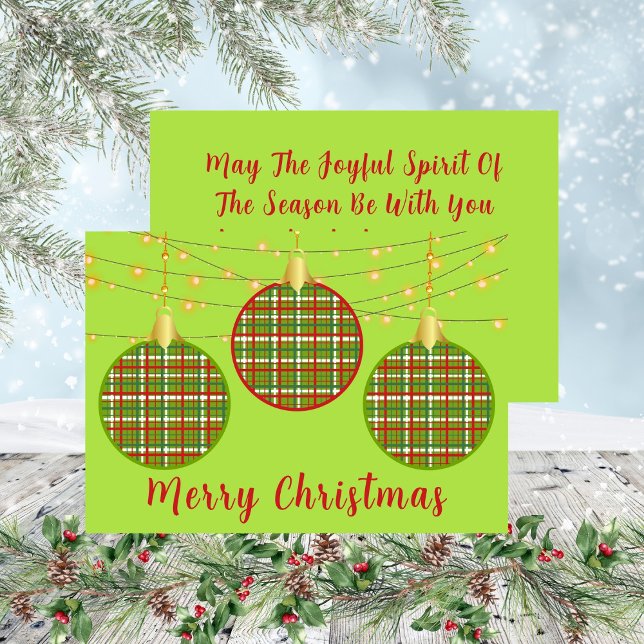 Tarjeta Festiva Ornamentos de Green Merry Christmas Trio Plaid (Green Merry Christmas Trio Plaid Ornaments Holiday Card)