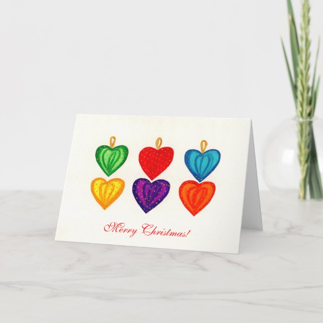 Tarjeta Festiva ¡Ornamentos de los corazones, Felices Navidad! (Anverso)