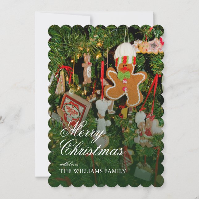 Tarjeta Festiva Ornamentos de pan de jengibre en el árbol (Anverso)