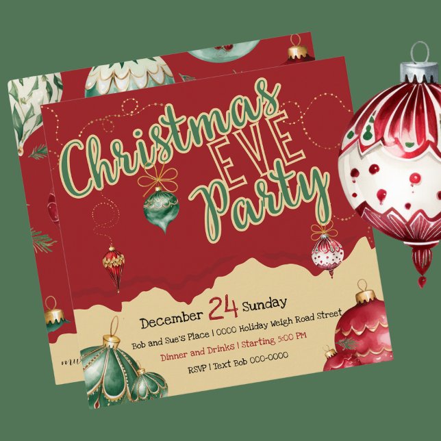 Tarjeta Festiva Ornamentos de Red y Oro y Navidades Verdes (Rustic and fun Christmas Eve Party invite you customize.  Featuring red, green and gold ornaments. )