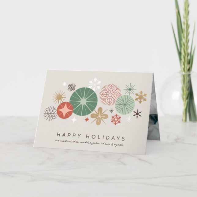 Tarjeta Festiva Ornamentos de vacaciones y estrellas (Anverso)