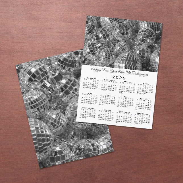 Tarjeta Festiva Ornamentos Disco Ball Photo 2025 Calendario Año Nu (Disco Ball Ornaments Photo 2025 Calendar New Year Holiday Card in situ)